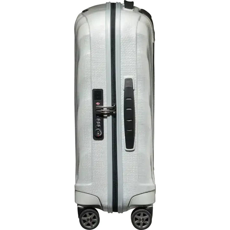 צד מזוודת Samsonite C-lite אוף-וויט עם מנעול קומבינציה TSA, ידית צידית וגלגלי סיליקון כפולים