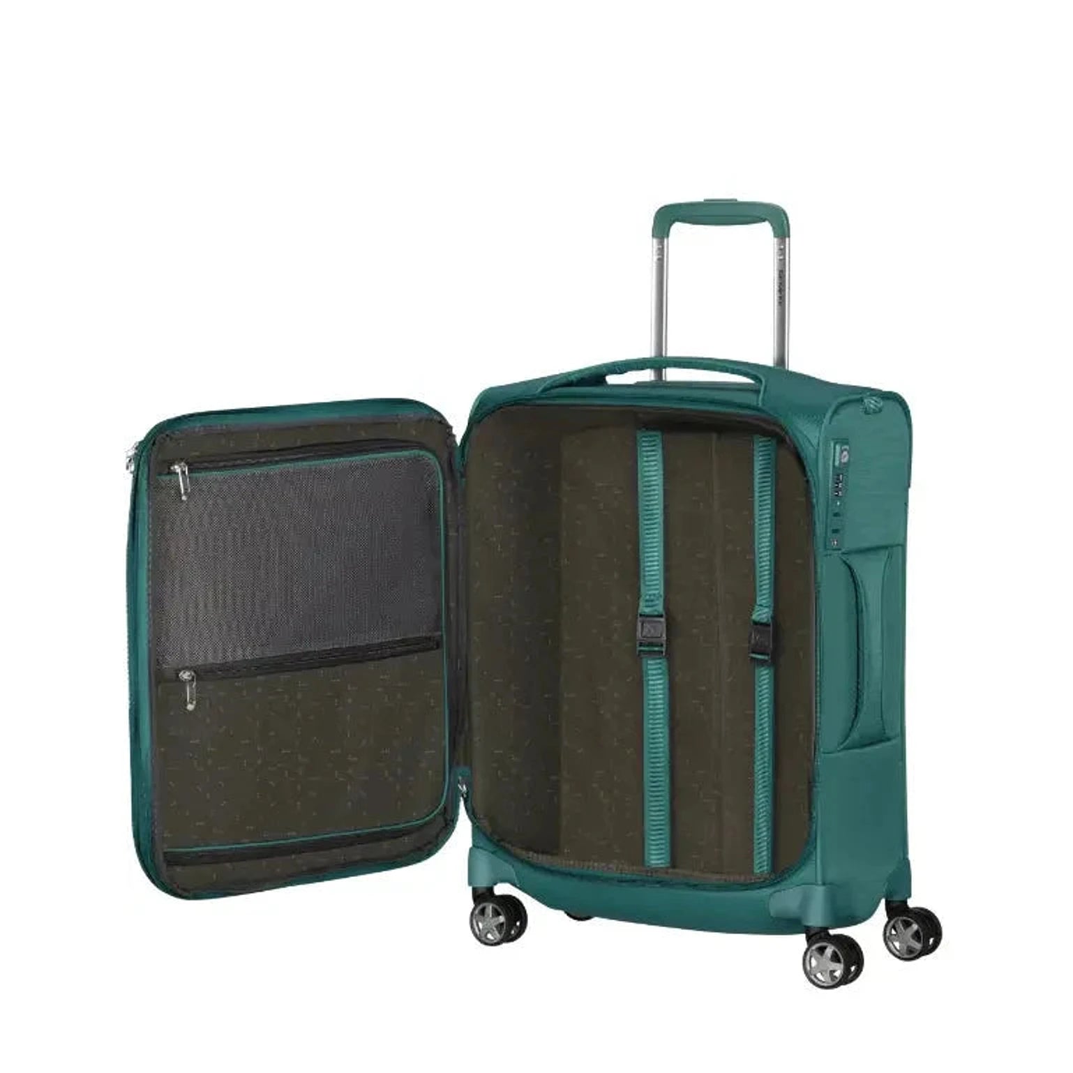 מזוודה טרולי Samsonite Dlite 20 אינץ פתוחה תא פנימי עם רצועות הידוק ומחיצת רוכסן ירוק
