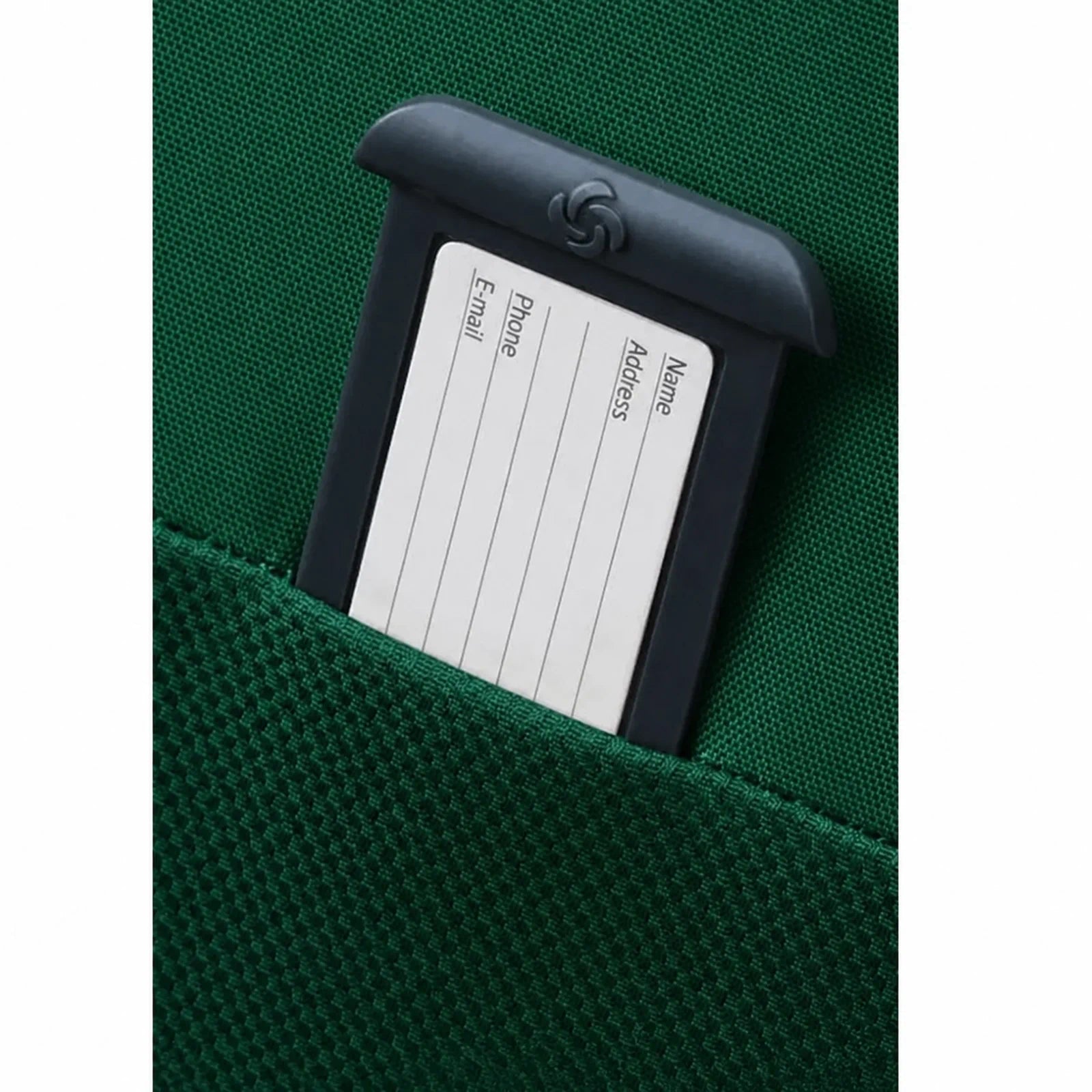 תג מובנה לפרטים אישיים של המזוודה Samsonite Dlite 20 אינץ בד ניילון בליסטיק בצבע ירוק תקריב