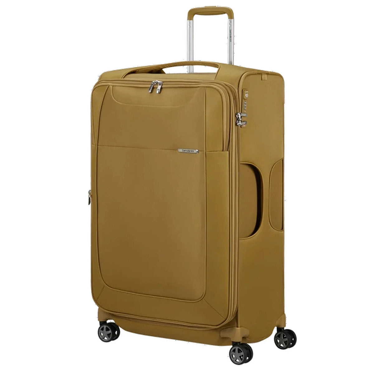 מזוודת בד גדולה Samsonite D'lite Spinner 78cm EXP בצבע חרדל זווית קדמית עם גלגלי סיליקון כפולים