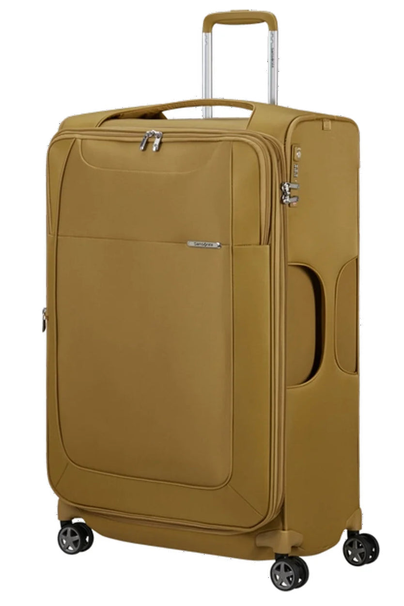 מזוודת בד גדולה Samsonite D'lite Spinner 78cm EXP בצבע חרדל זווית קדמית עם גלגלי סיליקון כפולים