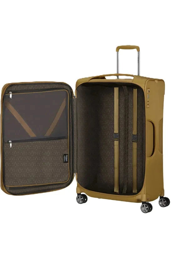 מזוודת בד Samsonite D'lite Spinner 78cm בצבע צהוב כאמל פתוחה - תא פנימי עם רצועות הידוק ותא רשת ברוכסן