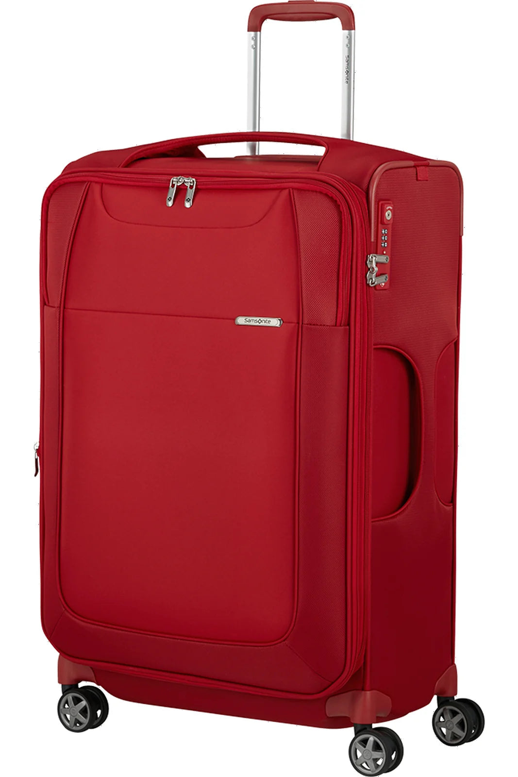 מזוודת בד גדולה Samsonite D'lite Spinner 78cm EXP בצבע אדום - מבט קדמי עם ידית טלסקופית וגלגלי ספינר