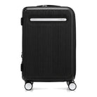 מזוודת טרולי Samsonite Modus בצבע שחור במבט קדמי ישר - מעטפת פוליקרבונט בפסים אנכיים ולוחית לוגו מתכתית
