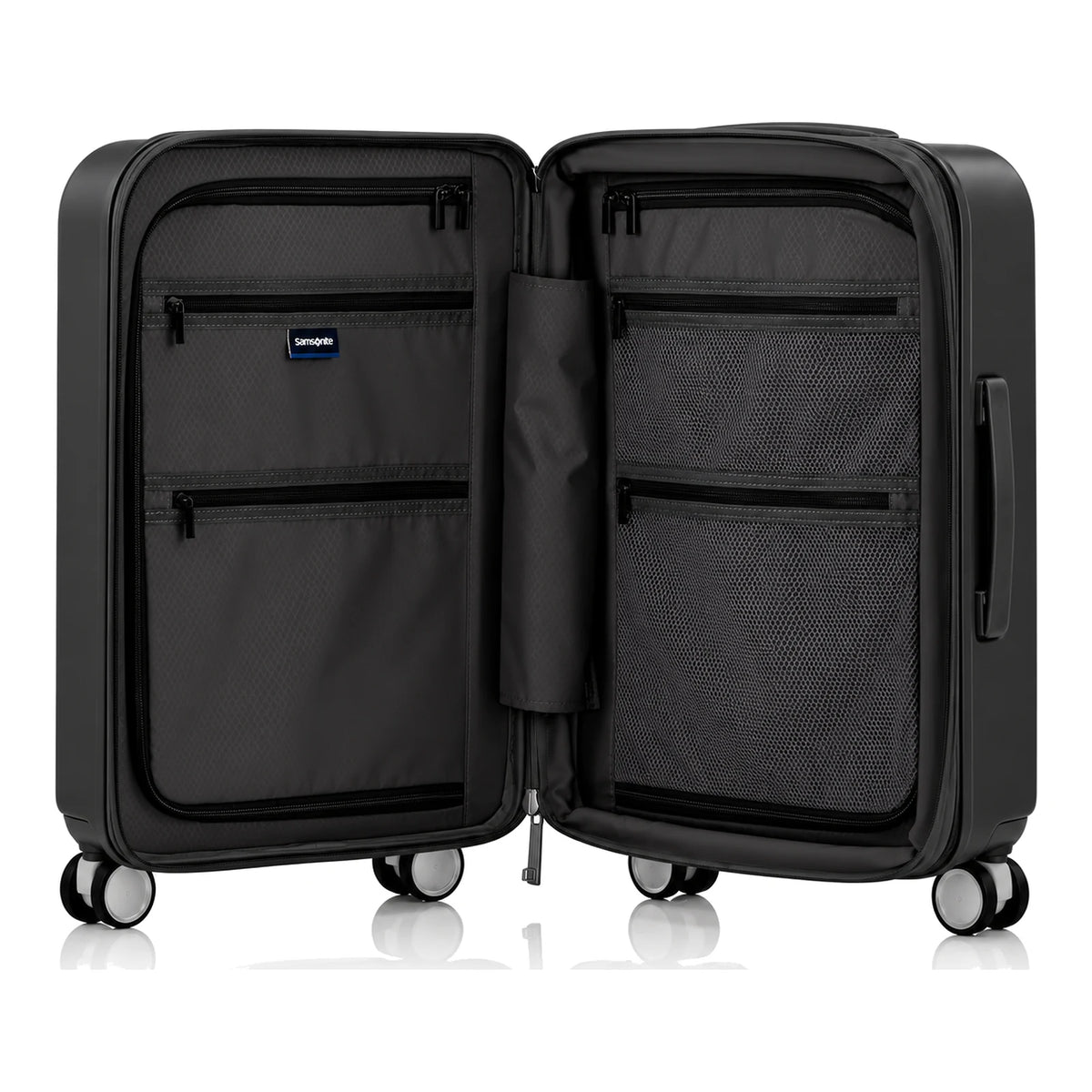 מזוודת הטרולי Samsonite Modus פתוחה: מחיצות בסגירת רוכסן מלאה בשני הצדדים עם כיסי רוכסן ורשת