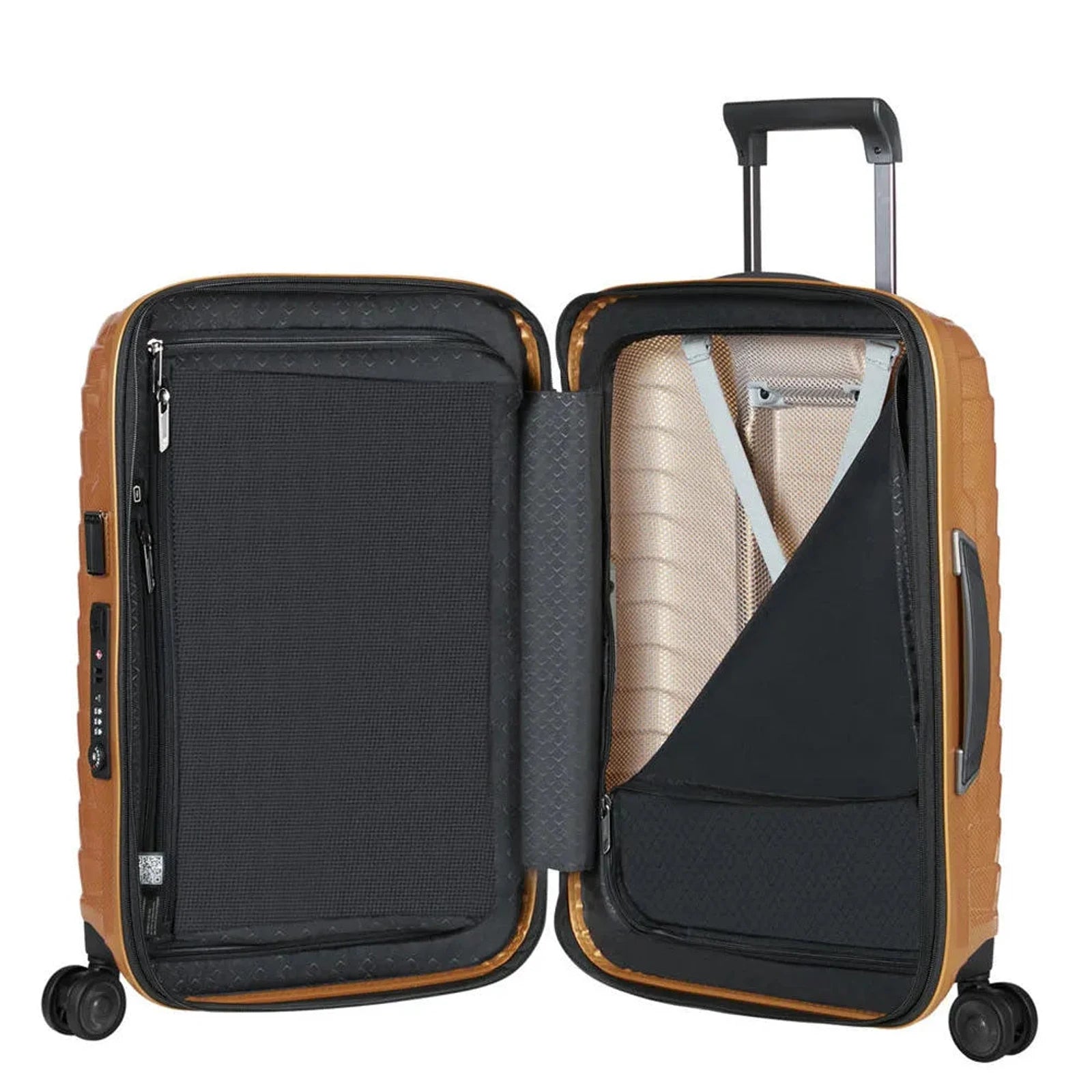 מבט פנימי על מזוודת טרולי עלייה למטוס Samsonite Proxis - תאים פנימיים, מחיצה ורצועות אלסטיות להידוק התכולה