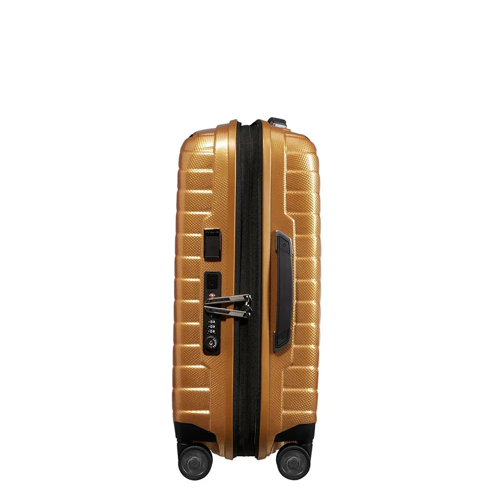 מזוודת טרולי עלייה למטוס Samsonite Proxis בצבע זהב דבש עם מנעול קומבינציה TSA וידית צד נוחה, מבט מהצד