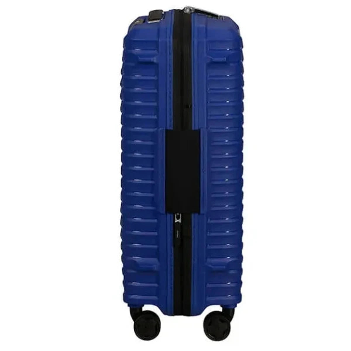 מזוודת טרולי עלייה למטוס Samsonite Upscape במשקל 2.3 ק"ג בלבד - מבט צד עם רוכסן שחור בצבע כחול