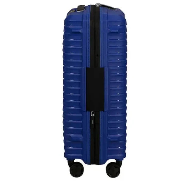 מזוודת טרולי עלייה למטוס Samsonite Upscape במשקל 2.3 ק"ג בלבד - מבט צד עם רוכסן שחור בצבע כחול