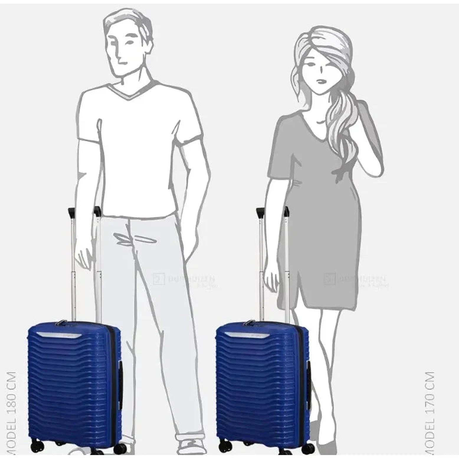 המחשת גודל של מזוודת טרולי עלייה למטוס Samsonite Upscape במידות 55x40x20 ס"מ לצד דמויות גבר ואישה