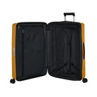 מזוודה מתרחבת Samsonite Upscape בצבע צהוב במבט פנימי - בטנה נשלפת לכביסה ורצועות אלסטיות להידוק