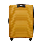 מזוודה קשיחה גדולה Samsonite Upscape בצבע צהוב במבט מאחור - 4 גלגלי סיליקון כפולים ספינר 360 מעלות