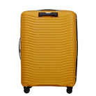 מזוודה קשיחה גדולה Samsonite Upscape בצבע צהוב במבט מאחור - 4 גלגלי סיליקון כפולים ספינר 360 מעלות