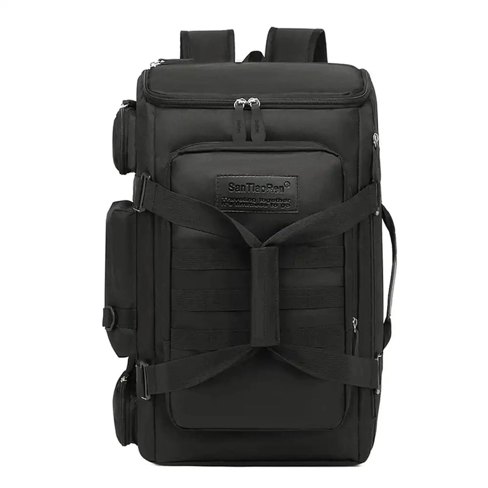 תיק עליה למטוס חכם SanTiaoRen SkyPack 42L בצבע שחור עם פטנט רשום, מבט קדמי עם רצועות צד