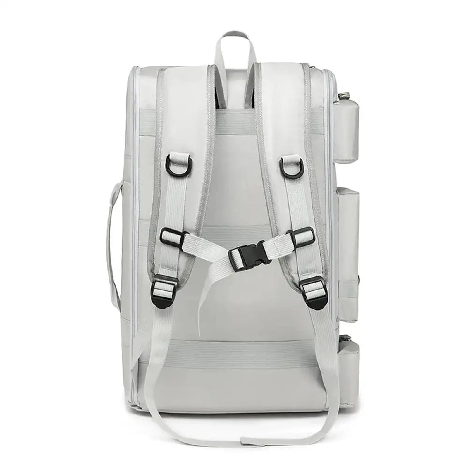 תיק עליה SanTiaoRen SkyPack 42L בצבע אפור, מבט מאחור עם רצועות כתף מרופדות ואבזם חזה מתכוונן