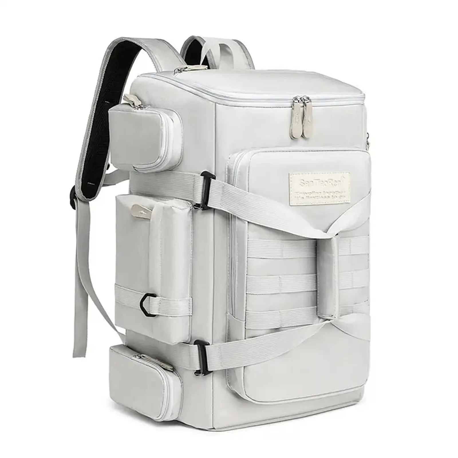 תיק עליה למטוס חכם SanTiaoRen SkyPack 42L בצבע אפור, מבט תלת רבע עם רצועות דחיסה ותאי צד