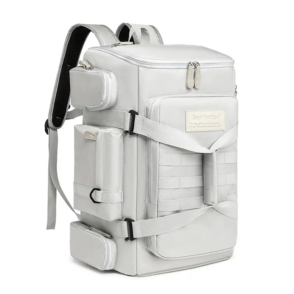 תיק עליה למטוס חכם SanTiaoRen SkyPack 42L בצבע אפור, מבט תלת רבע עם רצועות דחיסה ותאי צד