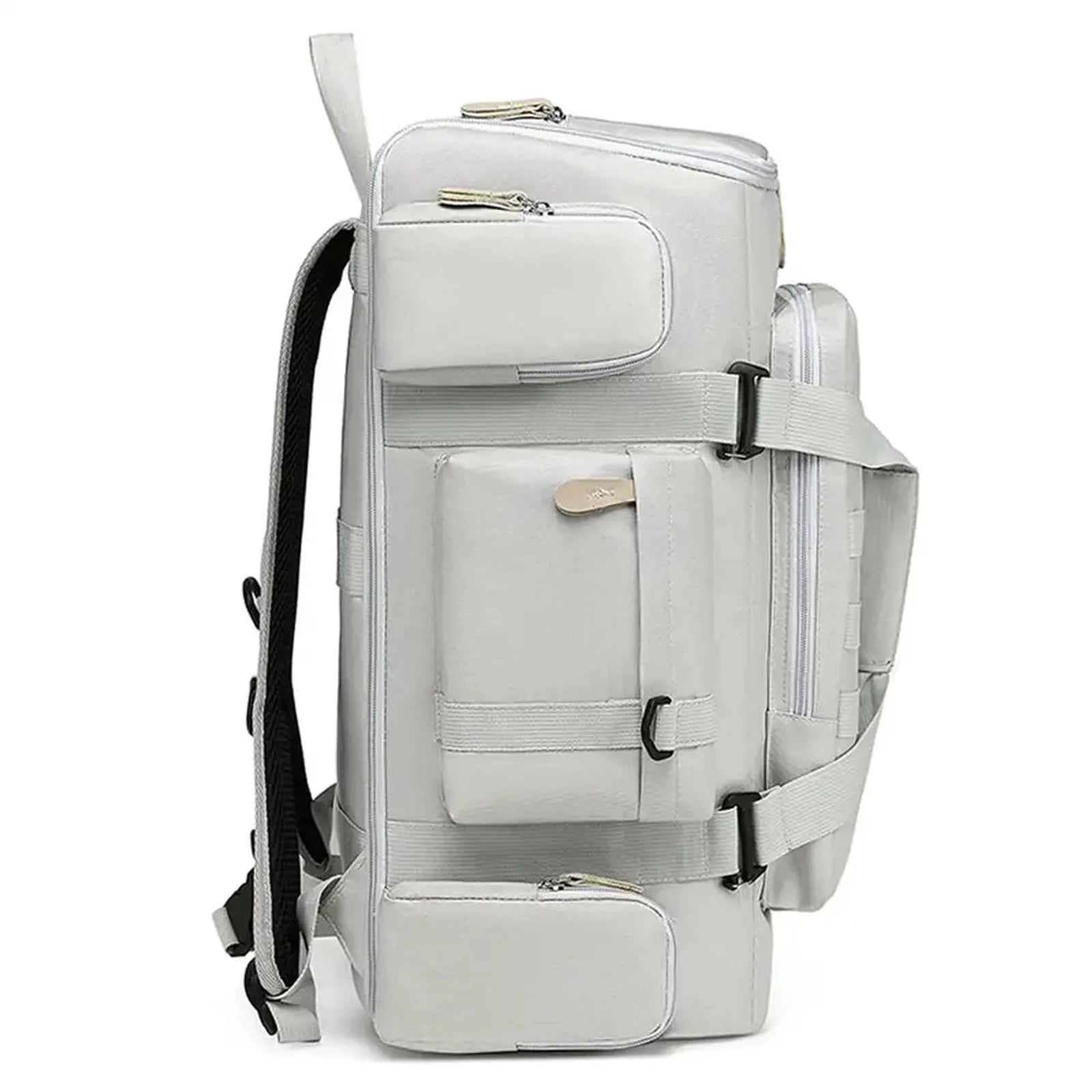 תיק עליה SanTiaoRen SkyPack 42L בצבע אפור עם תאי צד מרובי רוכסנים ואבזמי הידוק לדחיסת תכולה