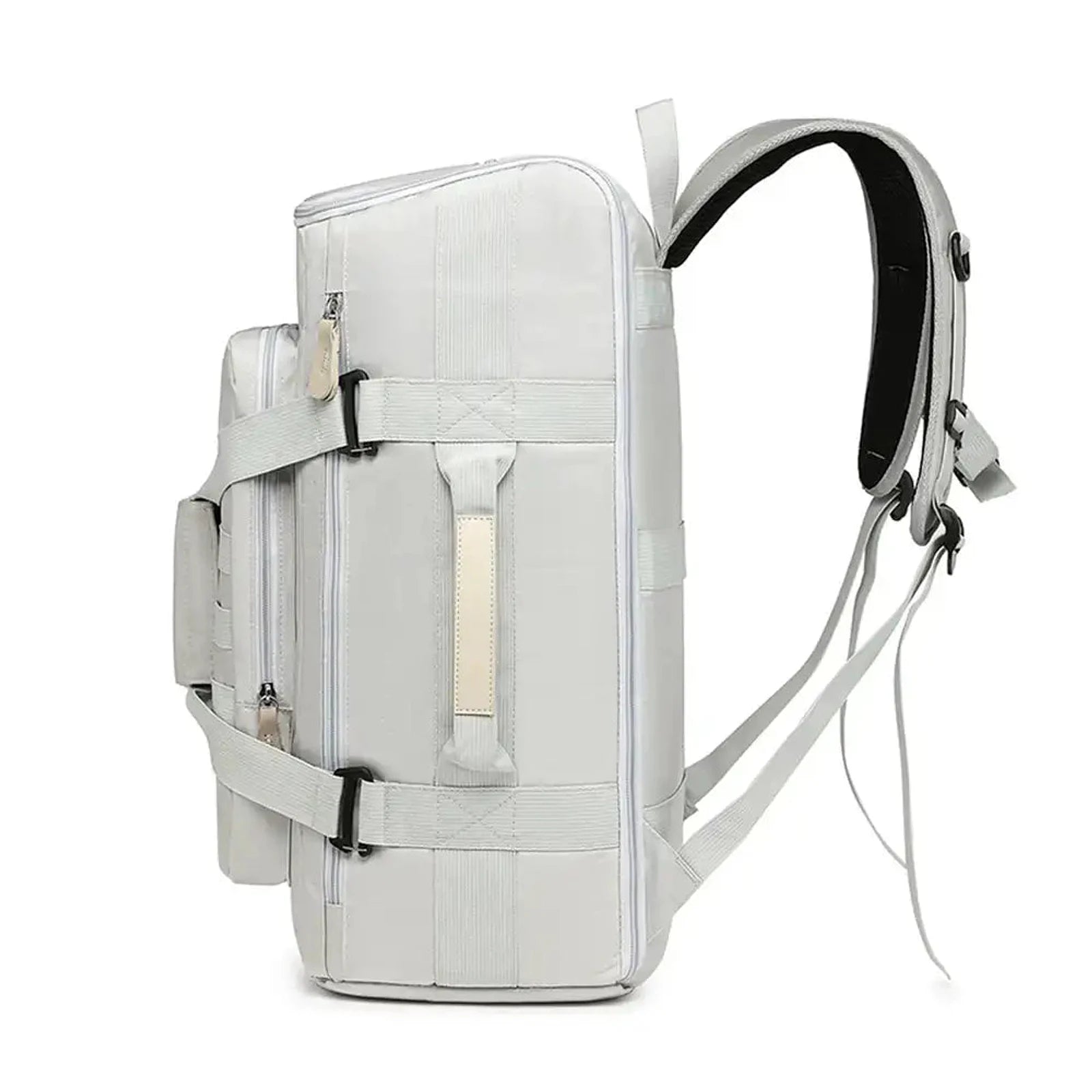 תיק עליה SanTiaoRen SkyPack 42L בצבע אפור, מבט פרופיל צדדי עם ידית נשיאה ורצועות כתף מרופדות
