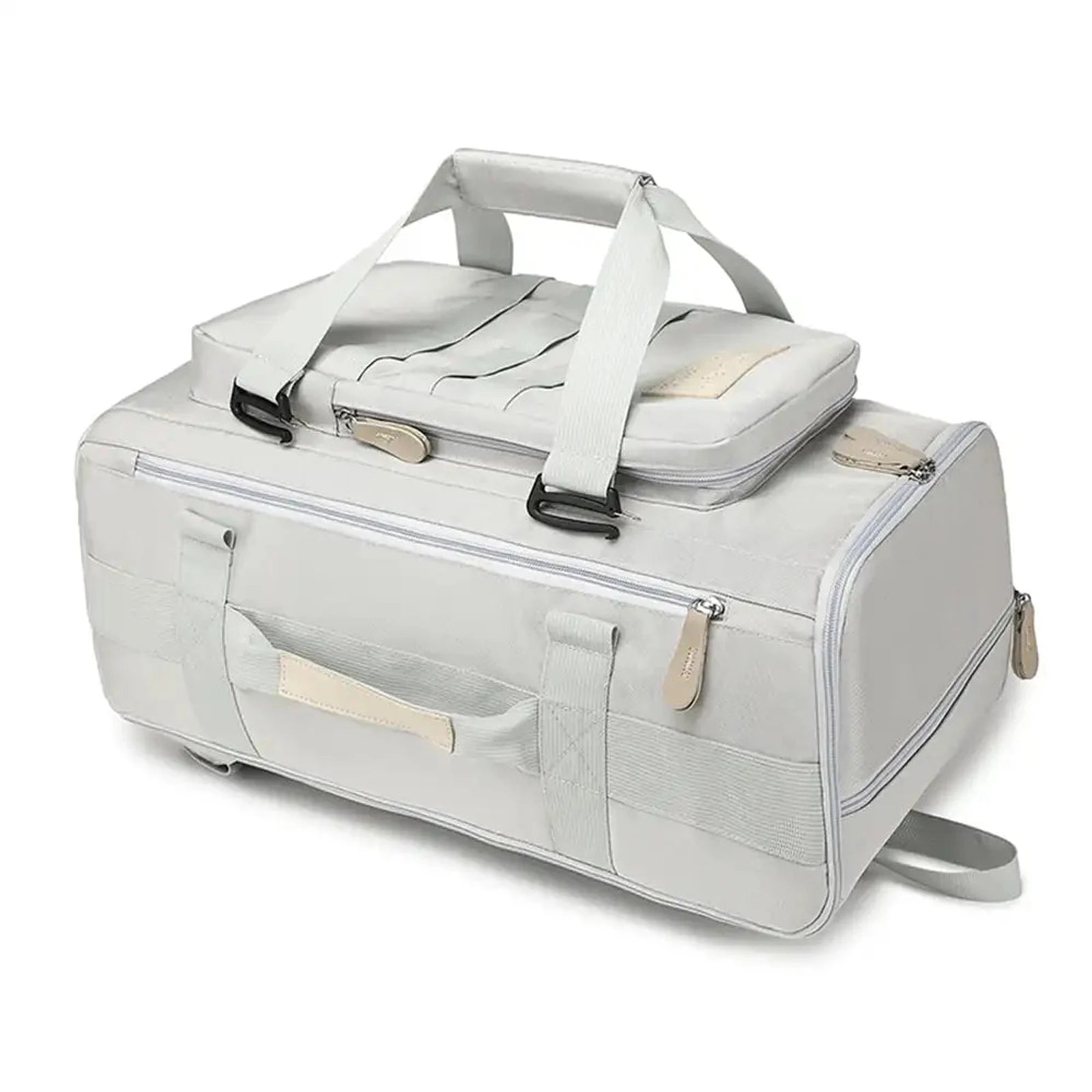 תיק עליה SanTiaoRen SkyPack 42L בצבע אפור במצב אופקי, מבט מלמעלה עם ידיות נשיאה ורוכסן עליון
