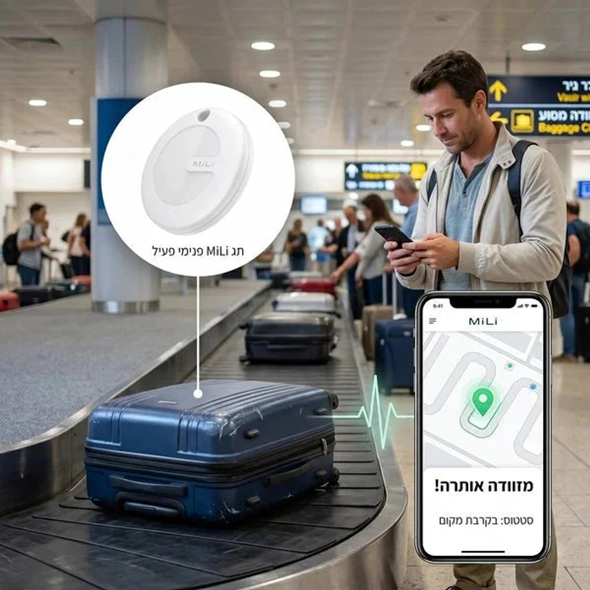 תג MiLi MiTag מחובר למזוודה בשדה התעופה, איתור בזמן אמת באפליקציית Find My באייפון