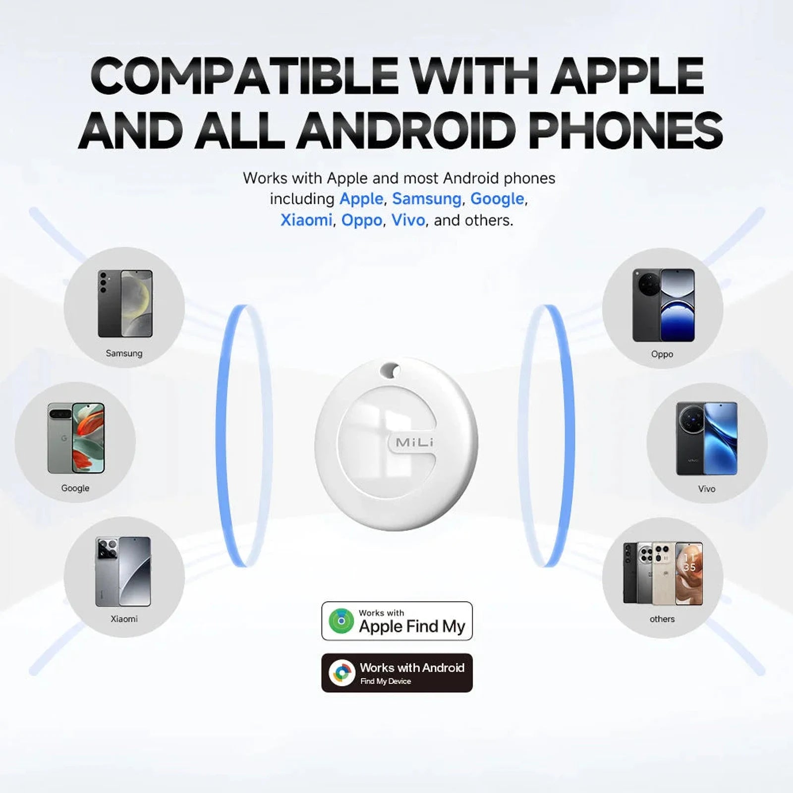 תג MiTag תואם לכל מכשירי האייפון ואנדרואיד כולל Samsung, Google, Xiaomi, Oppo ו-Vivo