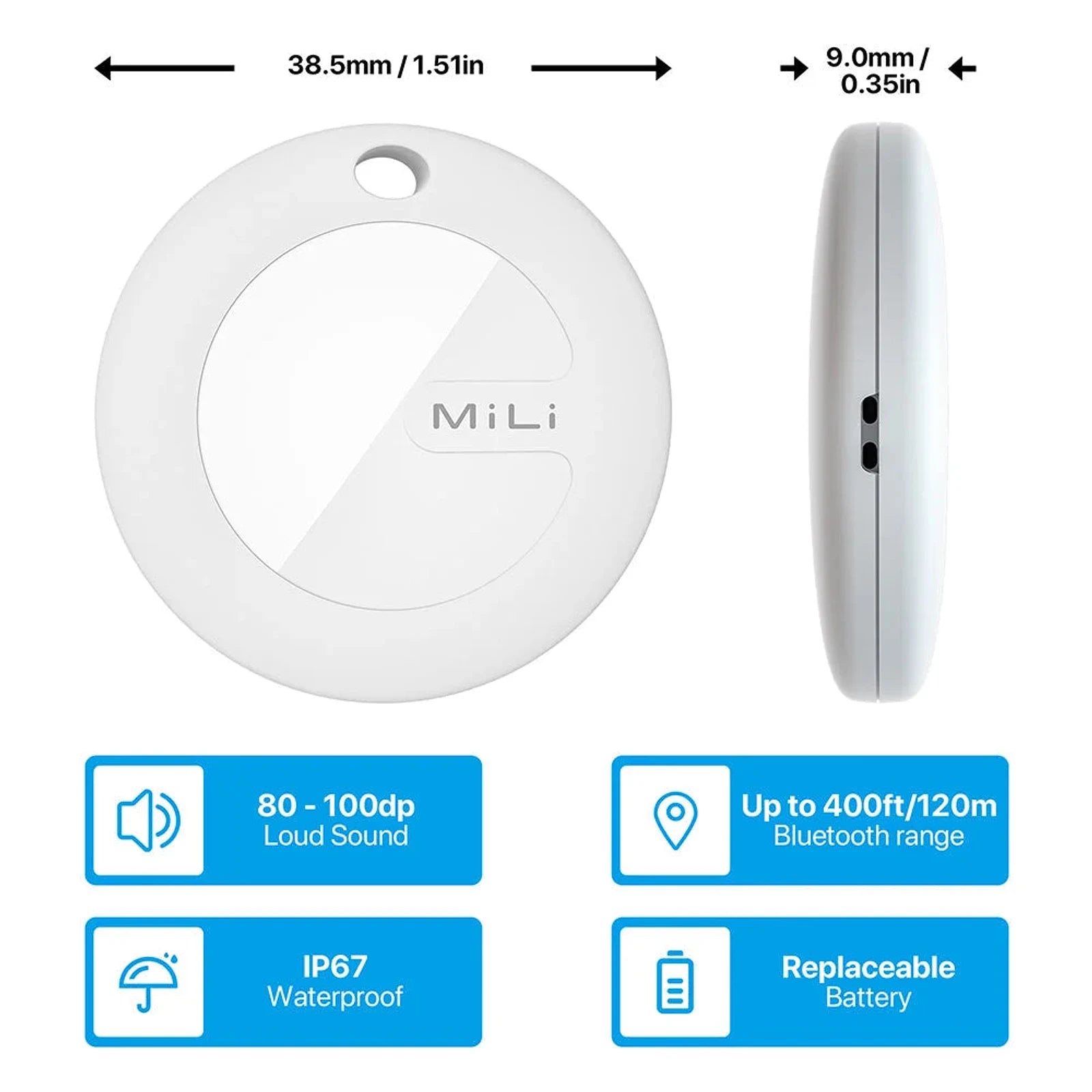 תג MiLi MiTag מידות 38.5 מ"מ, עמיד מים IP67, טווח בלוטות 120 מטר, סוללת CR2032 להחלפה