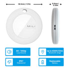 תג MiLi MiTag מידות 38.5 מ"מ, עמיד מים IP67, טווח בלוטות 120 מטר, סוללת CR2032 להחלפה