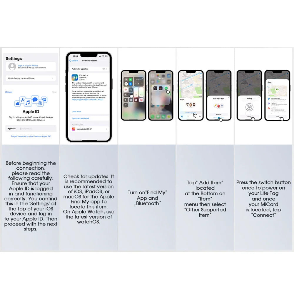 הוראות חיבור תג MiTag לאייפון – עדכון iOS נדרש, הפעלת בלוטות, הוספת פריט ב-Find My