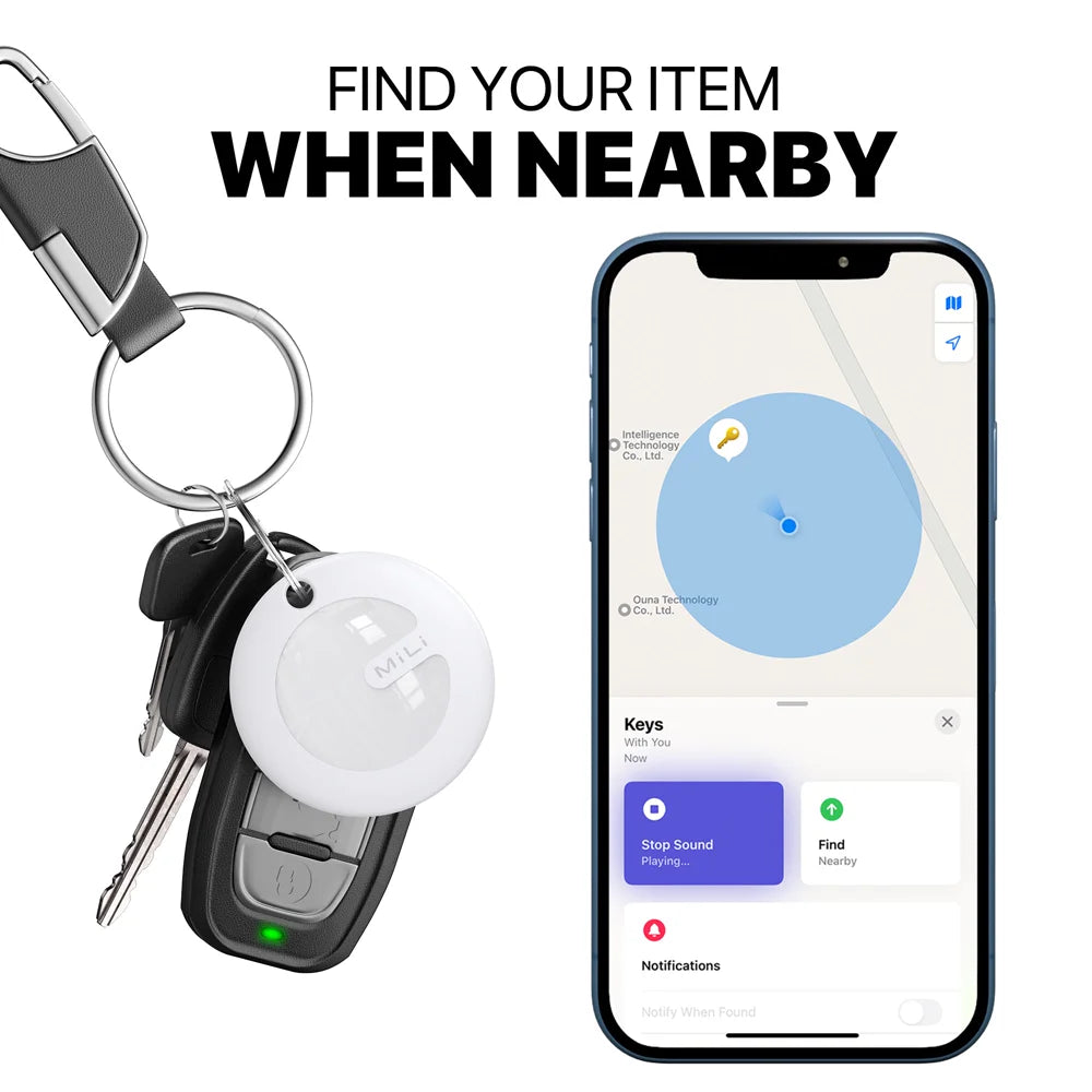 תג MiLi MiTag מחובר למחזיק מפתחות – איתור קרוב ב-Find My עם צליל חיפוש, עמיד IP67