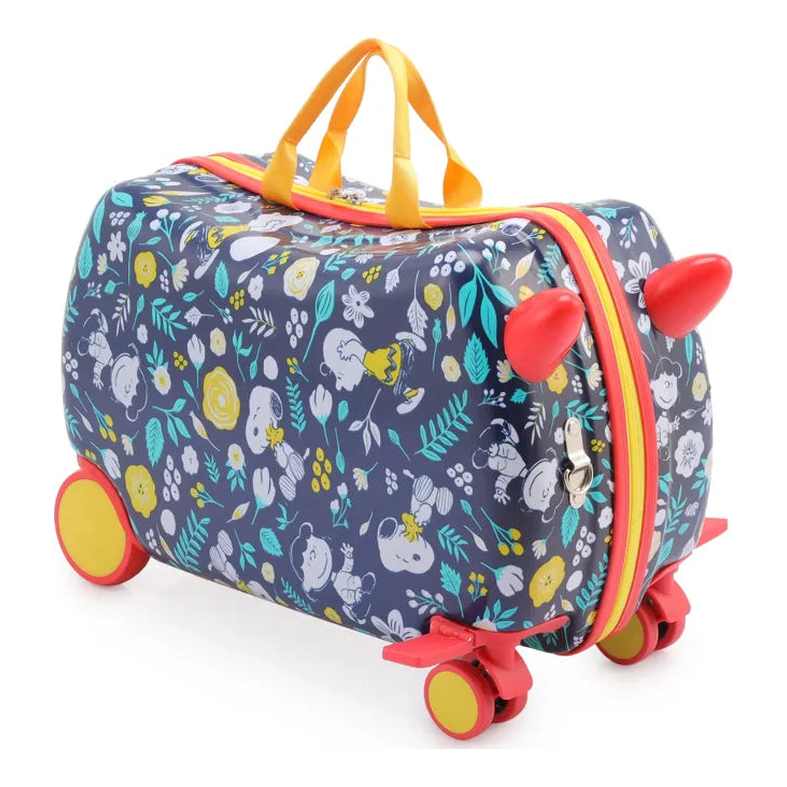 מזוודת רכיבה לילדים Snoopy מקורי דגם Forest בצבע נייבי עם הדפס בוטני, ידית צהובה וגלגלי ספינר אדומים - מבט זווית