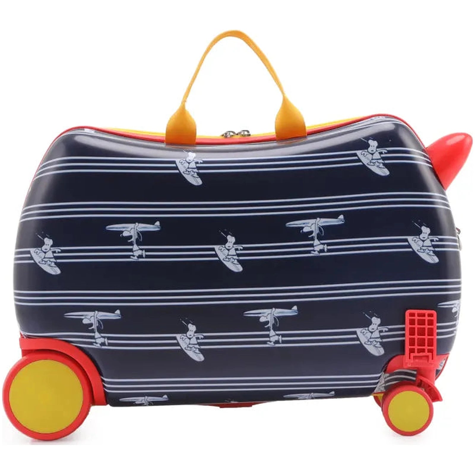 מזוודת ילדים Snoopy סנופי גולש בהדפס נייבי, מבט צד עם רצועת יד וגלגלי ספינר 360 מעלות, מתאימה לעליה למטוס
