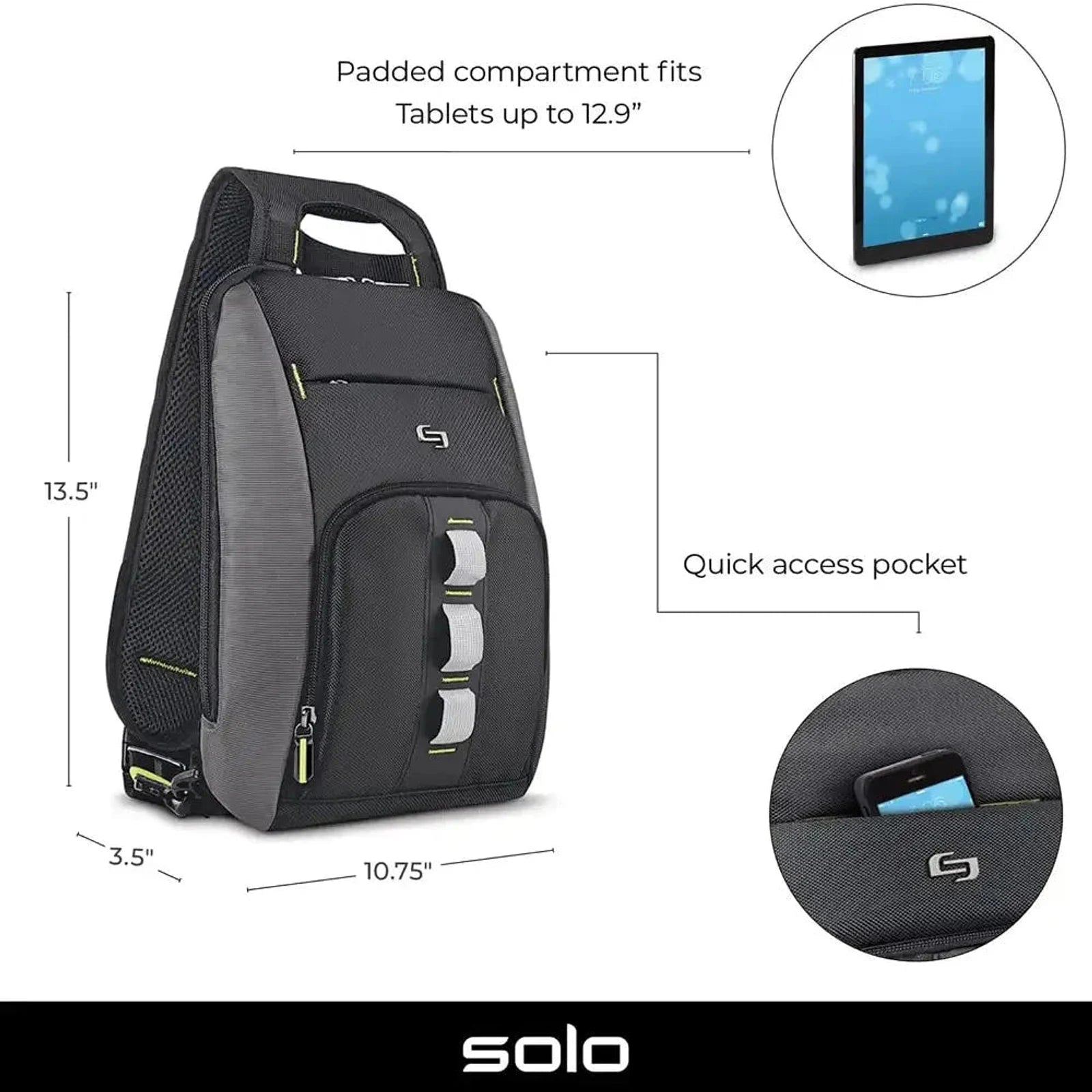 תיק קרוס בודי SOLO New York דגם Active Tablet Sling איור מידות של עשרים ושמונה על עשרים על שבעה סנטימטר