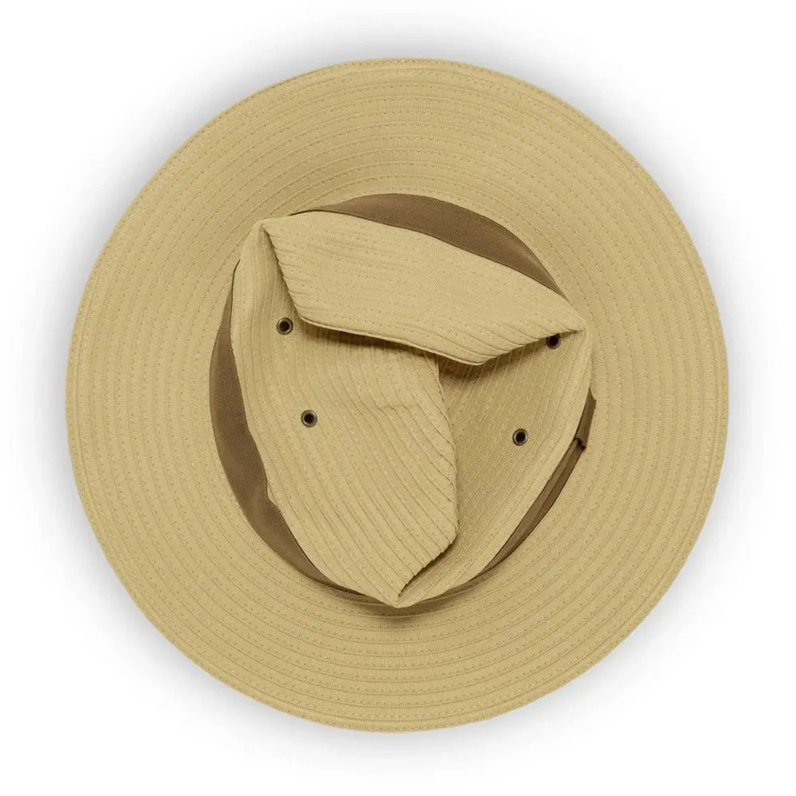 כובע פדורה Sunday Afternoons Ventura Hat בצבע בז' במצב מקופל, עיצוב Crushable לנסיעות, הגנת UPF 50+, מבט מלמעלה