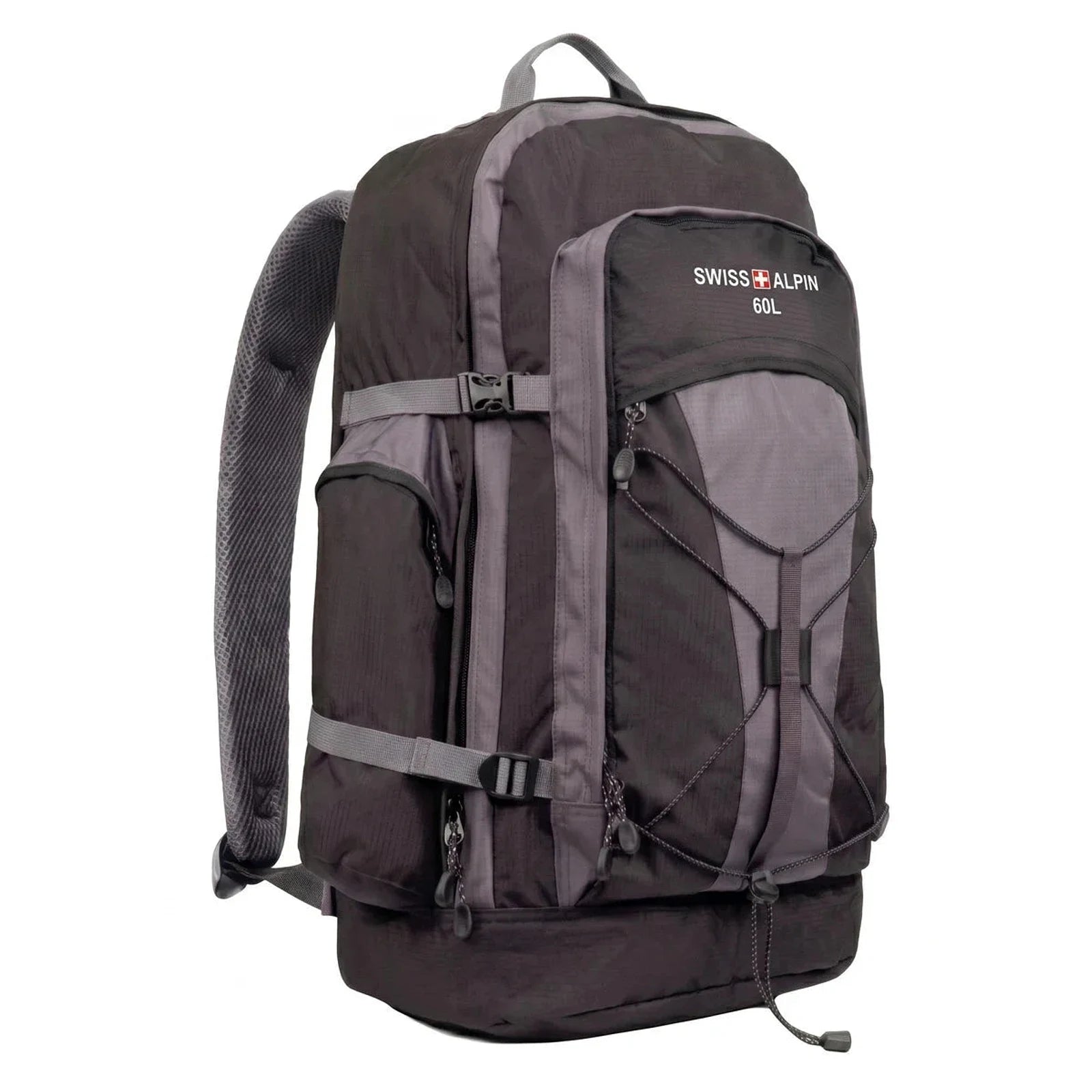 תרמיל גב לטיולים Swiss Alpin AeroVent 60 ליטר בצבע שחור אפור, עשוי מבד בליסטיק ניילון דוחה מים, מבט קדמי מהצד