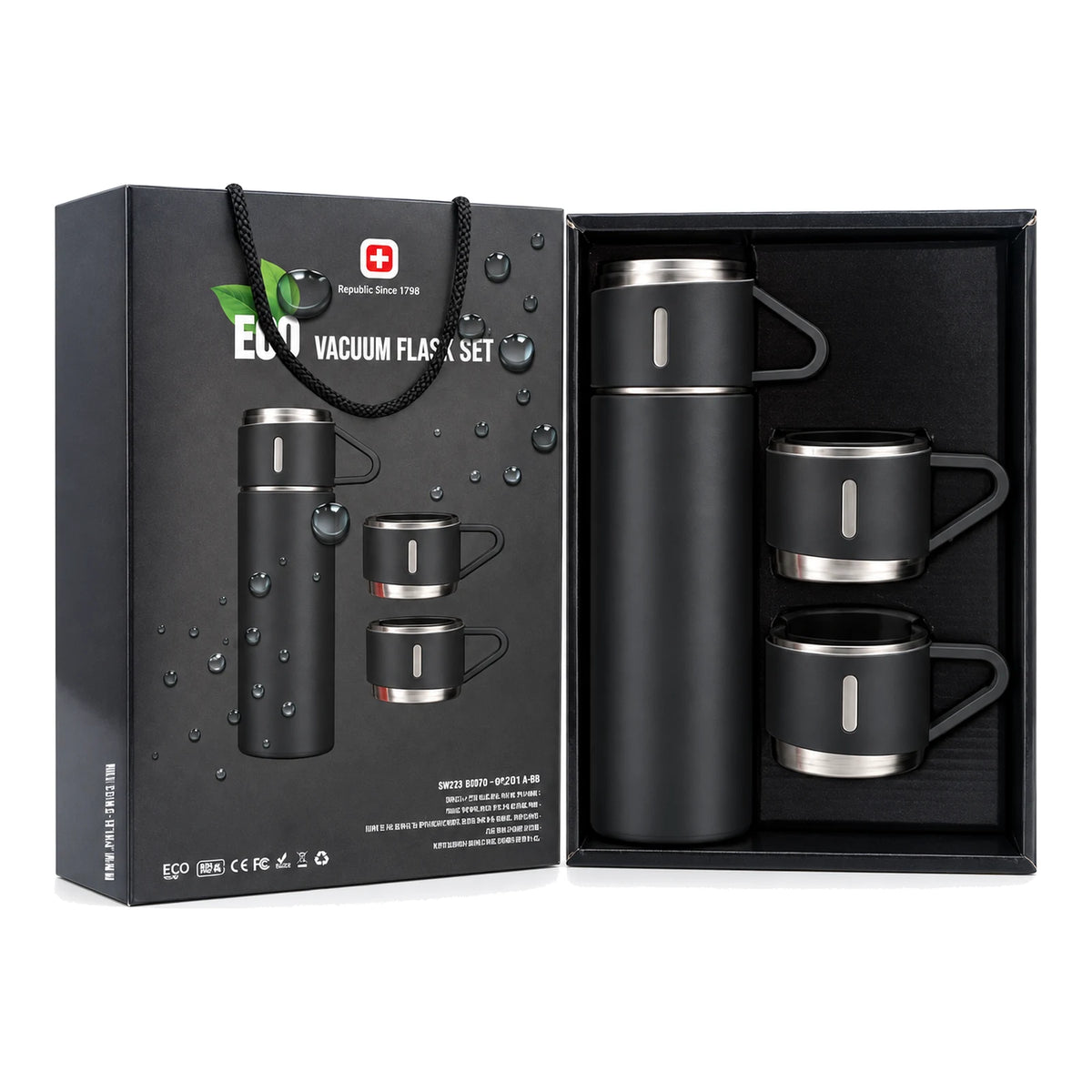 אריזת מתנה של סט תרמוס נירוסטה SWISS ECO Vacuum Flask Set בצבע שחור, התרמוס ו-3 הכוסות בתוך הקופסה הפתוחה