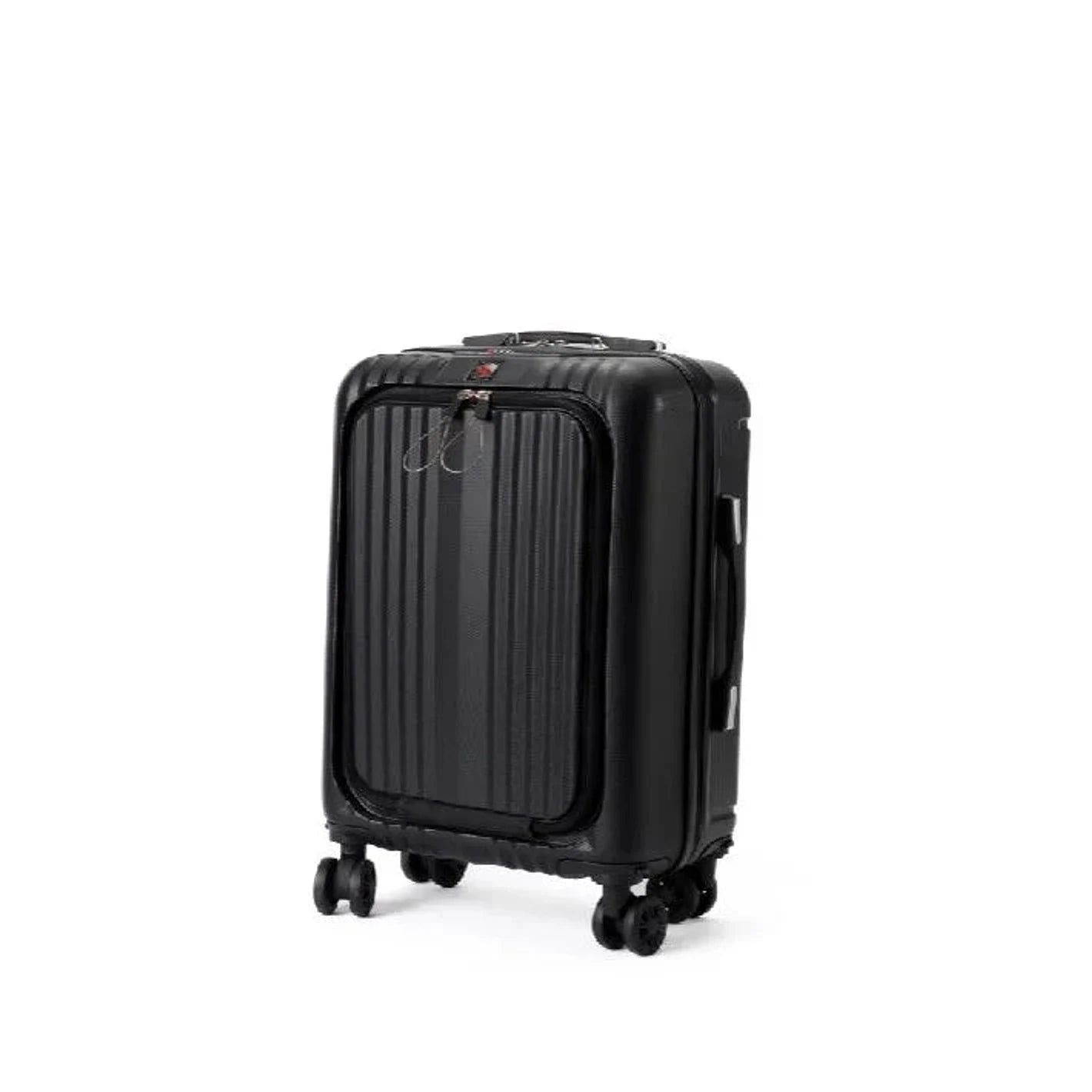 מזוודת עסקים SWISS Executive שחור זווית שמאלית עם תא לפטופ קדמי ושקע USB פוליקרבונט קשיח