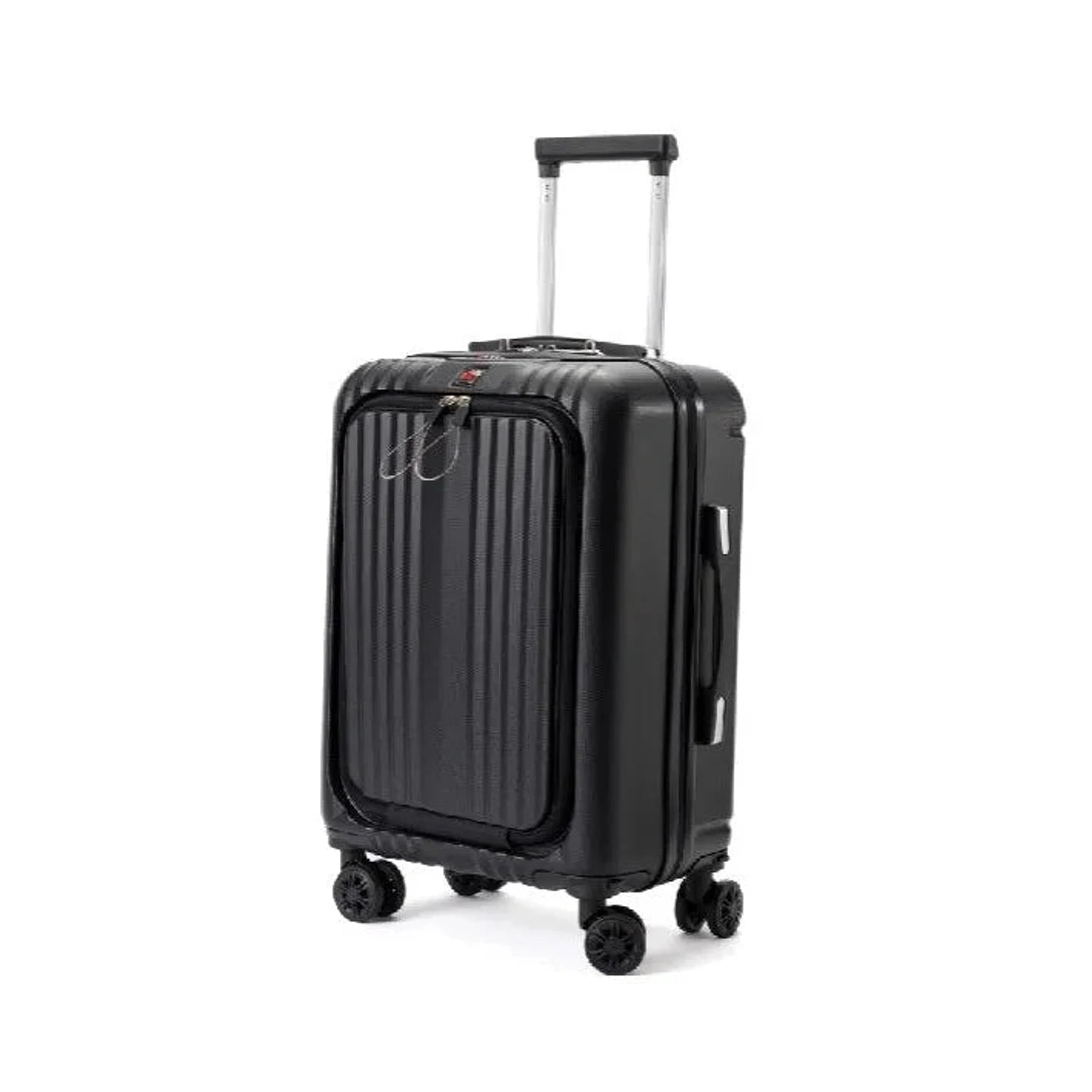 מזוודת עסקים SWISS Executive שחור זווית רבע מלפנים עם ידית טרולי ותא לפטופ קדמי פוליקרבונט קשיח