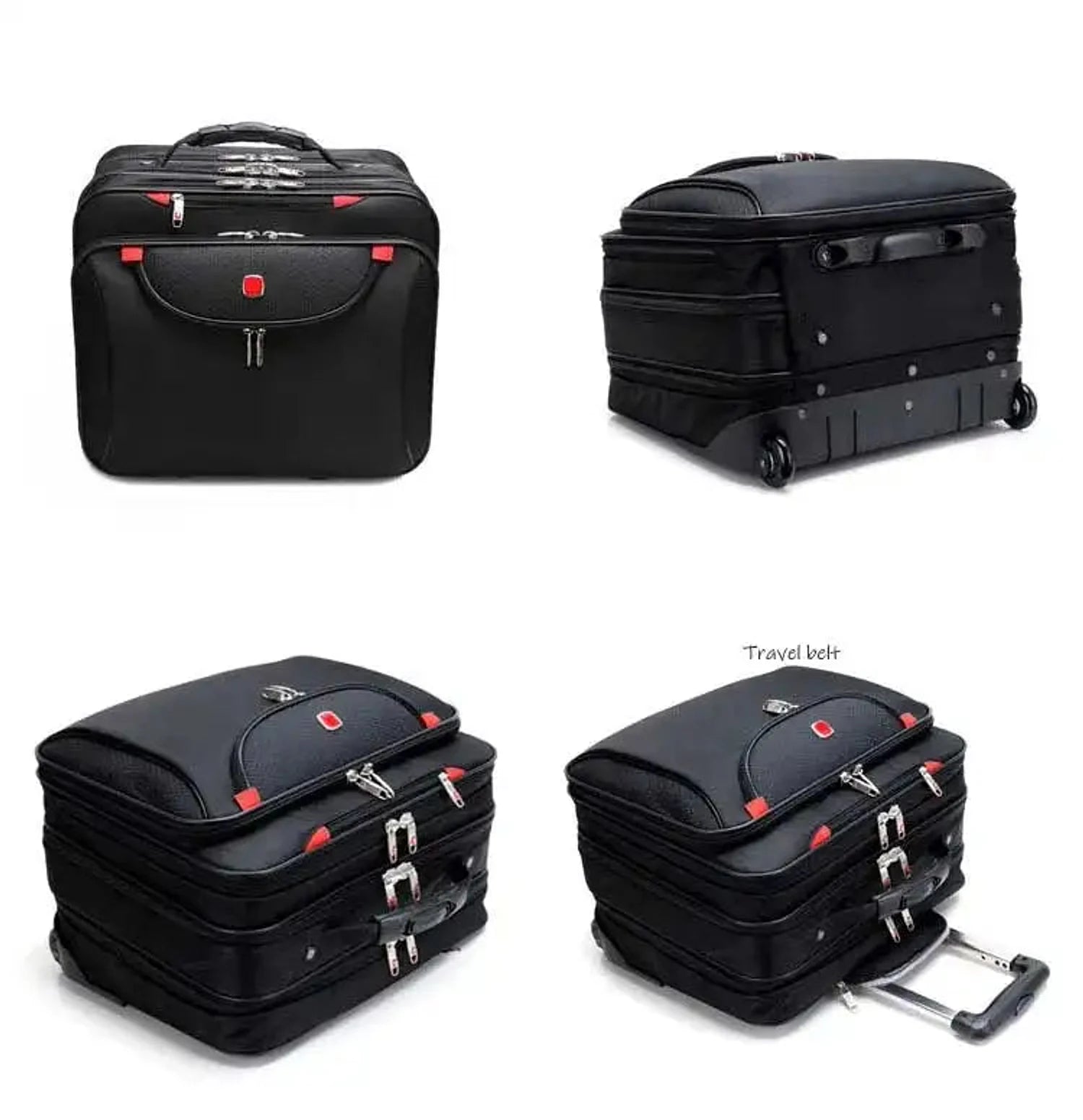 תיק טרולי עסקי Swiss Executive Glide 18 אינץ׳ קולאז׳ ארבע זוויות מלפנים, צד, מעל ותלת-רבעי עם ידית טרולי אלומיניום