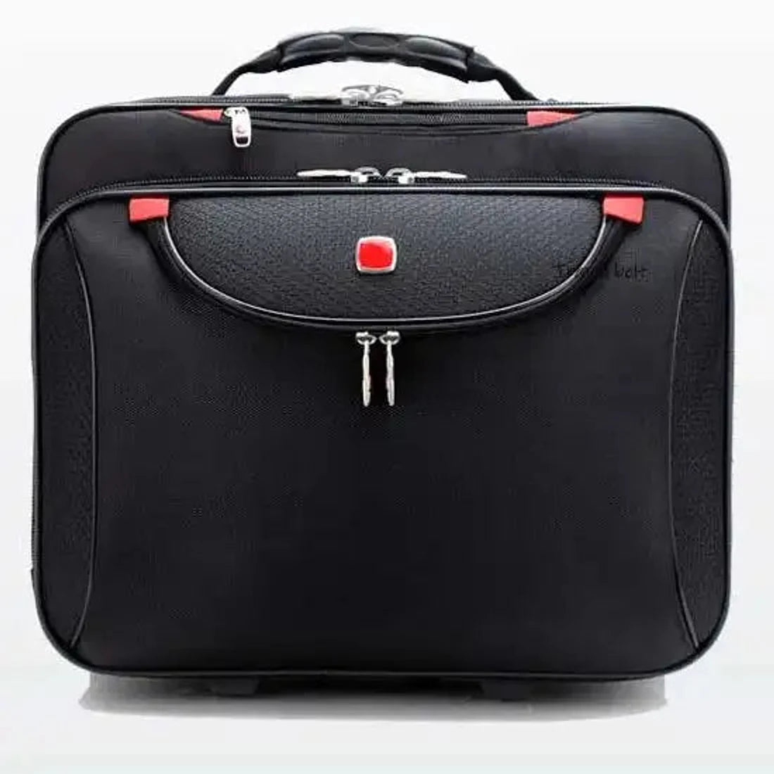 תיק טרולי עסקי Swiss Executive Glide 18 אינץ׳ בצבע שחור, מבט חזיתי עם תא חזיתי גדול, לוגו SWISS ופינות מוגנות אדומות