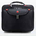 תיק טרולי עסקי Swiss Executive Glide 18 אינץ׳ בצבע שחור, מבט חזיתי עם תא חזיתי גדול, לוגו SWISS ופינות מוגנות אדומות