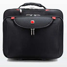 תיק טרולי עסקי Swiss Executive Glide 18 אינץ׳ בצבע שחור, מבט חזיתי עם תא חזיתי גדול, לוגו SWISS ופינות מוגנות אדומות