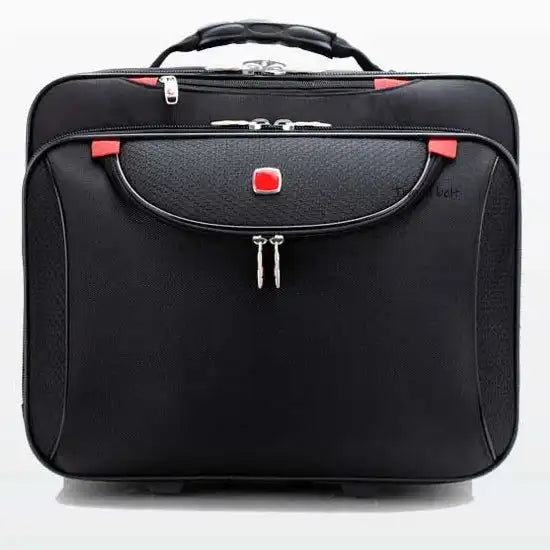 תיק טרולי עסקי Swiss Executive Glide 18 אינץ׳ בצבע שחור, מבט חזיתי עם תא חזיתי גדול, לוגו SWISS ופינות מוגנות אדומות