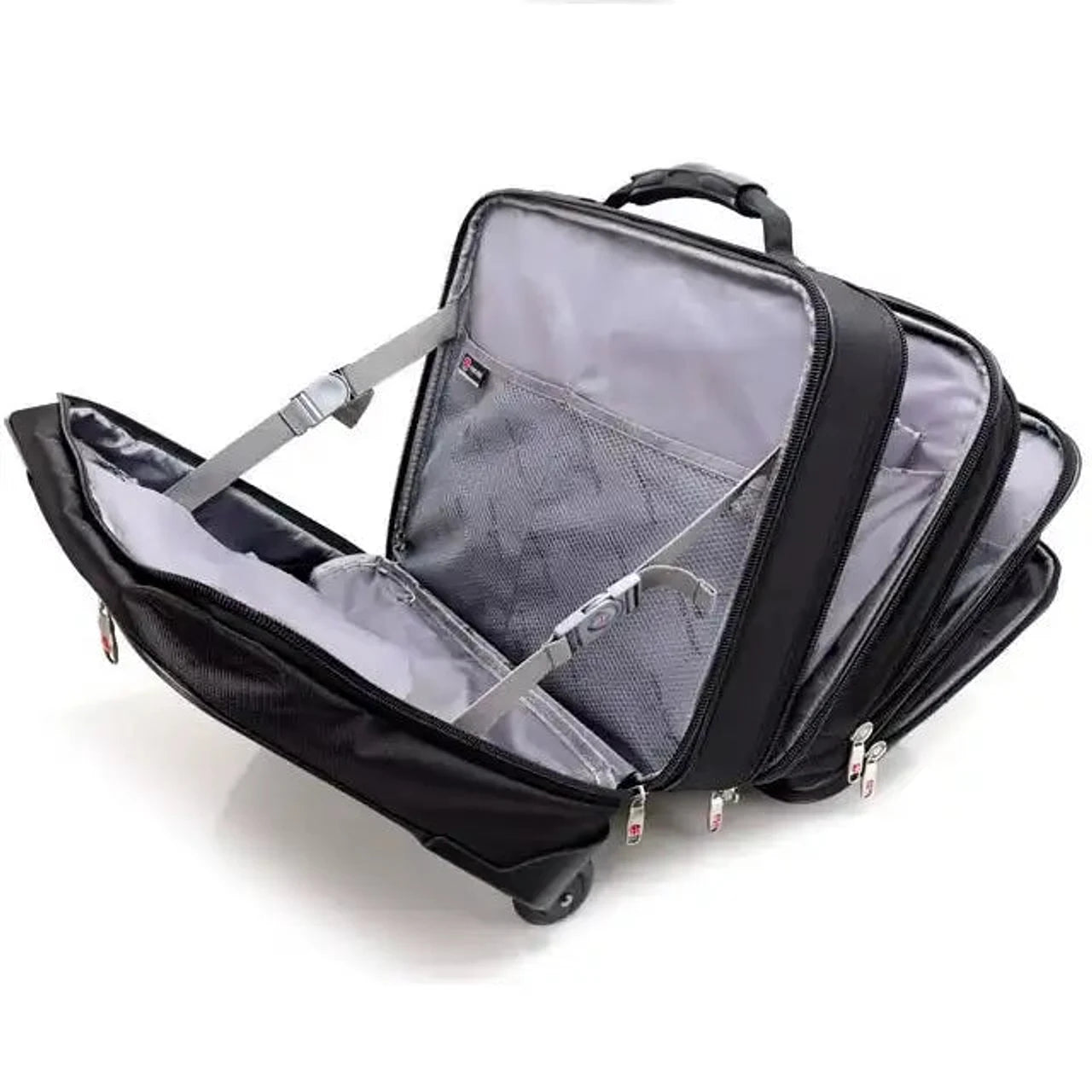 תיק טרולי עסקי Swiss Executive Glide 18 אינץ׳ פתוח במבט פנים, רצועות הידוק אלכסוניות למסמכים ולקלסרים ובטנה מחוזקת