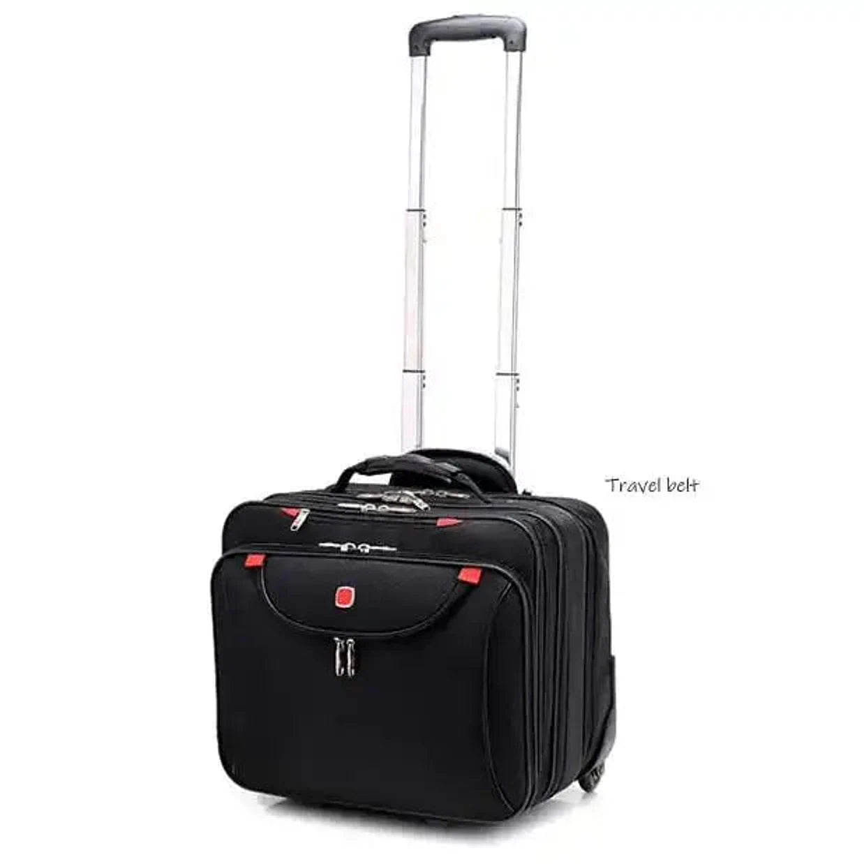 תיק טרולי עסקי Swiss Executive Glide 18 אינץ׳ במבט צד עם ידית טרולי אלומיניום שלופה לגובה מלא ושני גלגלי סיליקון שקטים