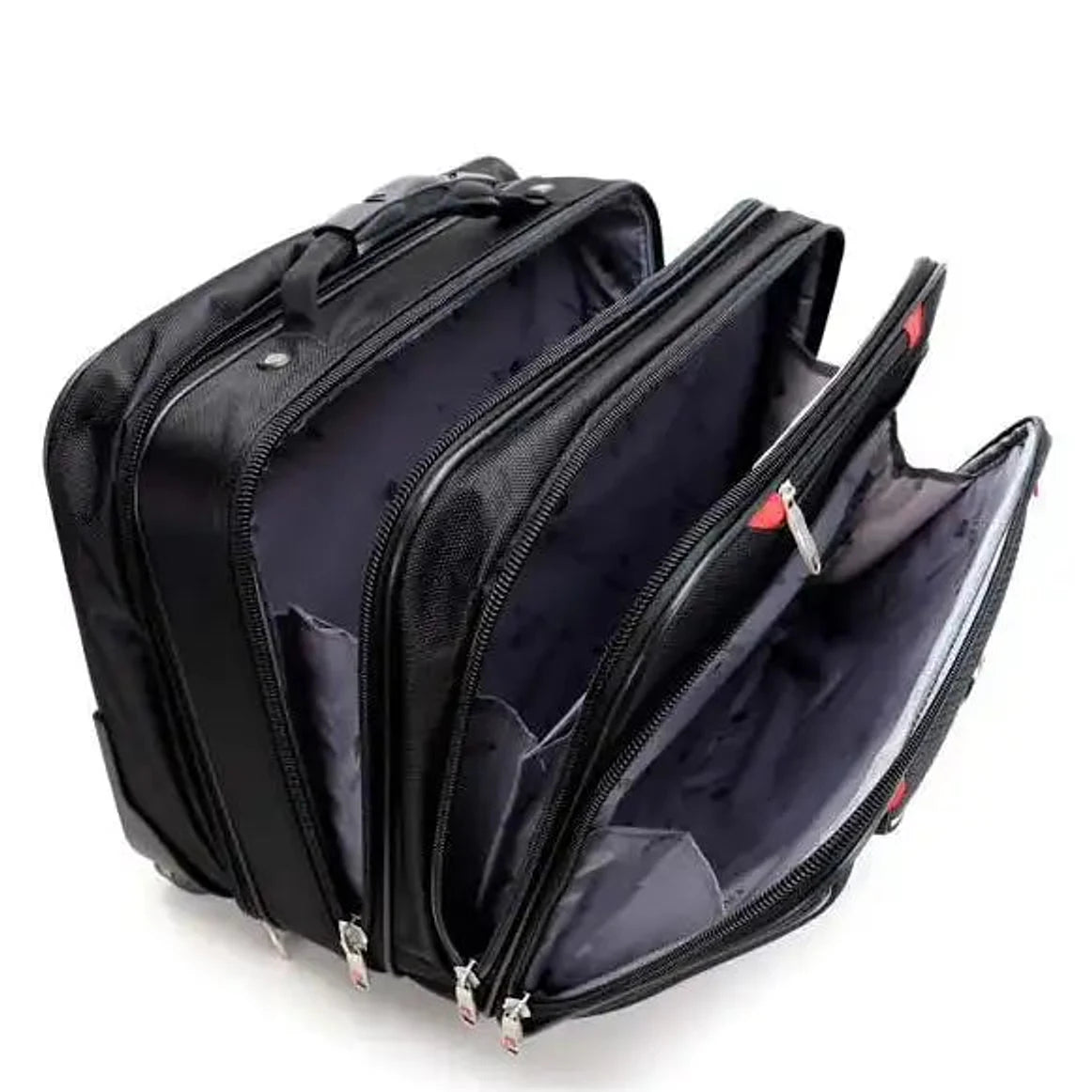 תיק טרולי עסקי SWISS Executive Glide 18 אינץ׳ - מבט עם תאים פתוחים המציג ריפוד אפור ורוכסנים ממותגים