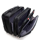 תיק טרולי עסקי SWISS Executive Glide 18 אינץ׳ - מבט עם תאים פתוחים המציג ריפוד אפור ורוכסנים ממותגים