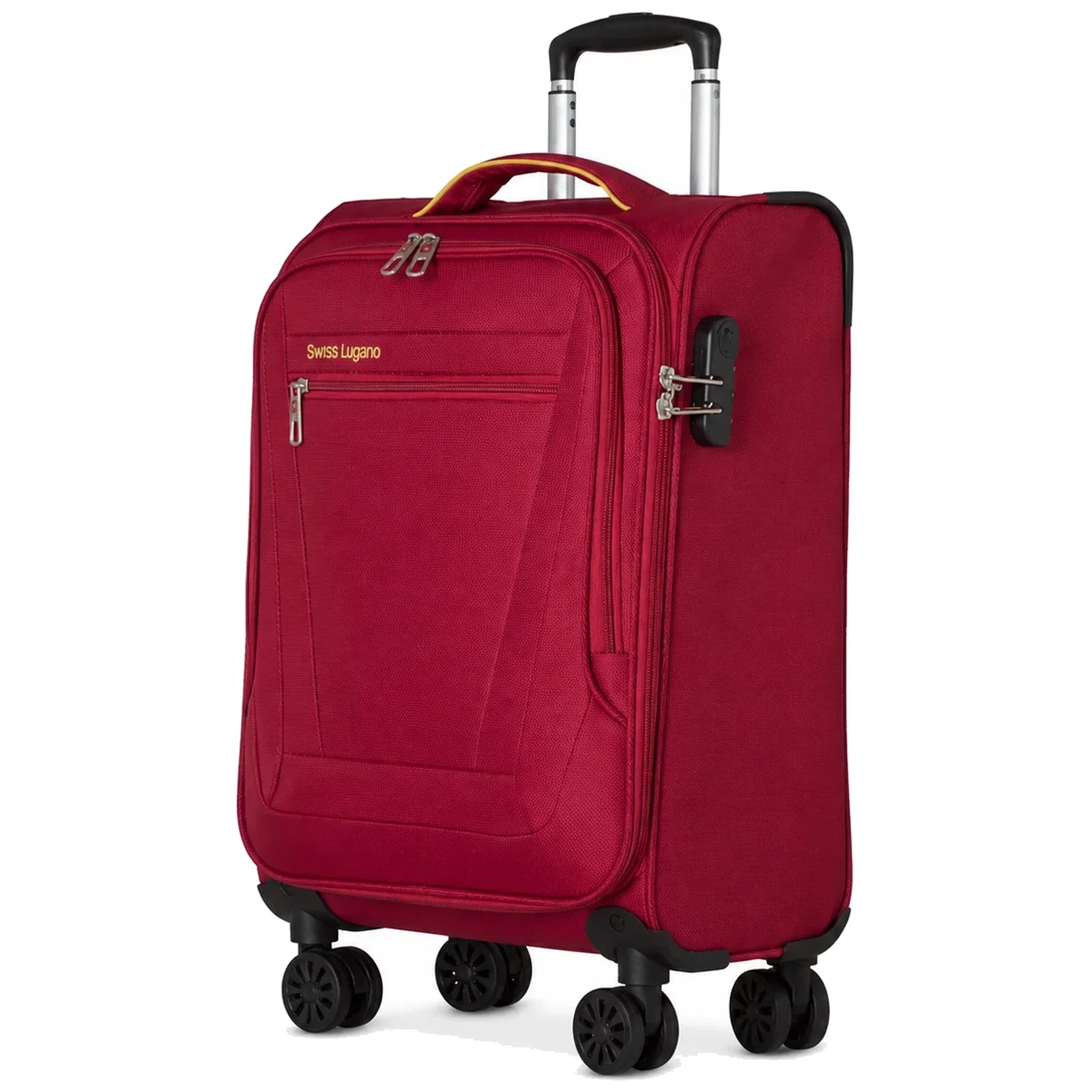 מזוודת טרולי 20 אינץ' בד לעלייה למטוס SWISS דגם LUGANO GoLite בצבע אדום - מבט קדמי עם ידית טלסקופית וגלגלי ספינר