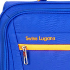 מזוודה גדולה מתרחבת 28 אינץ' בד SWISS דגם LUGANO GoLite בצבע כחול - חזית עם רקמת Swiss Lugano ורוכסן כתום