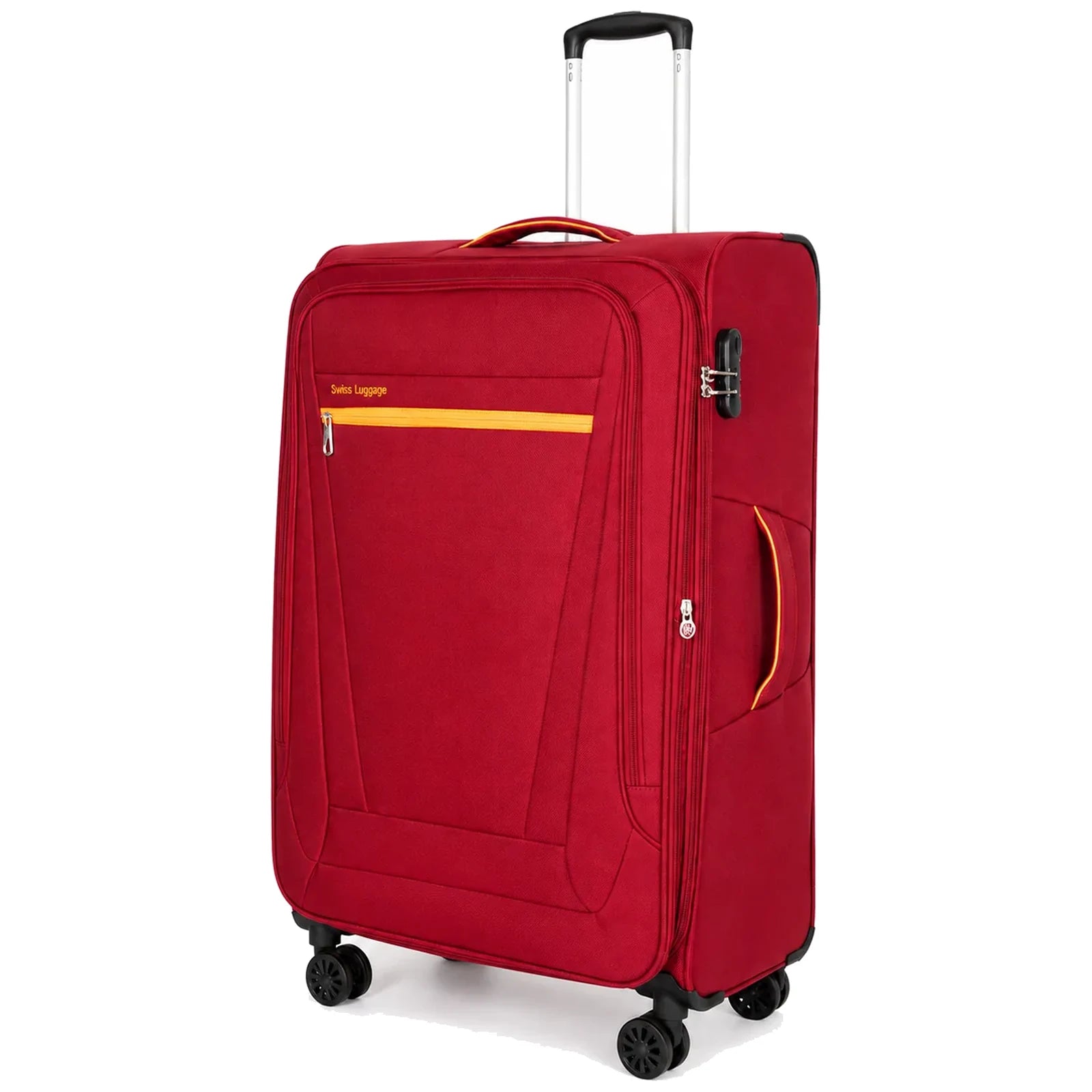 מזוודה גדולה מתרחבת 28 אינץ' בד SWISS דגם LUGANO GoLite בצבע אדום - מבט קדמי עם ידית טלסקופית וגלגלי ספינר